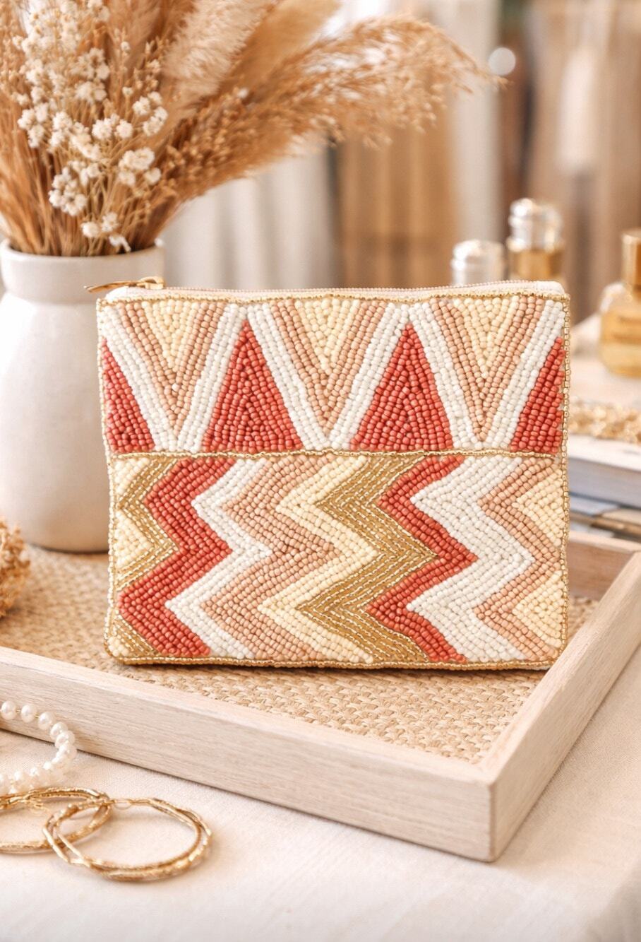 Kay Lee Natural Tone Zig Zag Beaded Coin Purse New